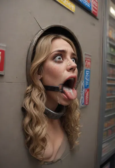 ((front side view, rotated, angle, style:1.3)), (40 years adult), (woman is stuck with her hips in a round hole with metal rim in a vending machine), (her bust is protruding from a round hole in the front of the vending machine:1.5), (stuck in hole with metal rim:1.3), (vending machine at night, slot for payment), (wide mouth spreader ring gag, gaping mouth:1.5), (leaning forward), (embarrassed, ashamed), (pleading expression:1.2), (terrified:1.6), (crying:1.2), (fear and panic:1.2), (box is low mounted, close to floor), (score_9, score_8_up, score_7_up, UHD 8K, masterpiece, best quality, maximum details, natural light, extreme realism, cinematic still), (huge penis:1.4), (she stares at erect penis in front of her face:1.3), (POV from above, she is looking up to viewer, submissive), (POV man standing and looking down, man stroking his big dick:1.1), (arms restrained to wall), (her arms left and right flat against the wall, multiple iron rings fixing her stretched arms against the wall:1.5), (POV standing man, looking down on her:1.2), (mouth wide open), (dirty blonde Swedish woman, freckles, tanned), (tan lines), (iron rings restrain her arms to vending machine), (her arms are spread eagle against vending machine:1.8), (arms restrained with iron rings:1.8), (free-standing vending machine), (her face is covered in cum:1.6), (enormous cum in er mouth:1.12), (bukkake, facial:1.48), (crying:1.3), (freckles, skin impurities), (transparent liquid:1.2), (realistic cum), (wet face:1.2), (oily skin:1.5), (stuck in a round hole with metal rim:1.6), (long blonde hair, elegantly styled hair, long wavy hair:1.5), (eyes wide open in horror:1.8), (her mouth serves only one purpose), (she's got a new job, she's a public cum dumpster), tall african man, (african mega huge brute:1.2), magazine cover, perfect fingers and hands, (extreme size difference:1.6), (ultra realistic), (maximum quality), (high resolution), (extreme detail), (ultra realism), UHD, super high quality, super high resolution, extremely detailed, cock in mouth, (brutal face fuck), Blowjob, (tears in eyes:1.5), (running makeup), (cum drips from nose:1.3), (cum drips from mouth:1.3), ultra hd, photorealistic, hyper gigantic large black cock in mouth, (((large black cock in mouth:1.3))), (one hand around her neck:1.4), choking her hard, strangling her, gasping for air
