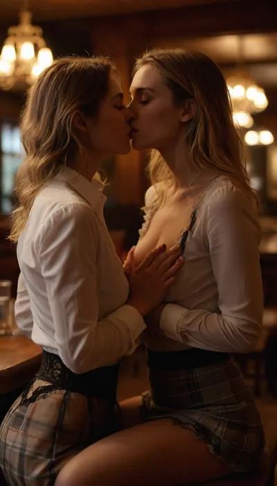 warm lightning, erotic, porno chic, subdued atmosphere, in restaurant, a man and a woman fucking a beautiful blonde or brown hair woman 25 years old, wearing unbuttoned white shirt, plaid skirt, luxurious lingerie, show nipples, show pussy, black lace bra, pantyhose, undressing, lesbian caressing tits, caressing pussy, doggystyle, blowjobn cunnilingus, lesbian licking ass, cumming, cum on face, back view, kissing nipples, hairy pussy, slut, raw, <lora:MJ52:2>, <lora:255596_training_data:.8>