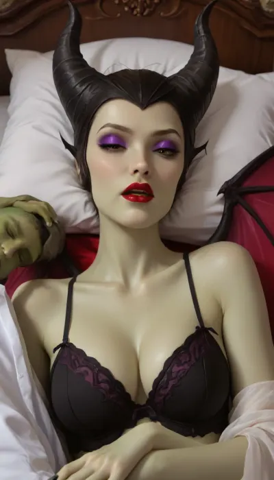 (disney, (sleeping beauty)), maleficent, 1girl, black eyes, black lingerie, breasts, cleavage, colored sclera, colored skin, demon wings, eyeshadow, (green skin:1), horns, lipstick, looking at viewer, makeup, nail polish, open mouth, purple eyeshadow, red lips, wings, yellow sclera