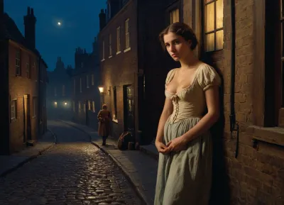 (historical oil painting about 1860), young, (big eyen, small mouth), woman in historical dirty streets of london, ragged and dirty clothes, She's a hooker, leaning on the wall of a guesthouse in London in the night, one breast exposed, men's walking by, woman look sad, view from distance, (oil painting in Aivazovsky style, night, nighttime, low lighting, highly detailed figure, at night, darkness)