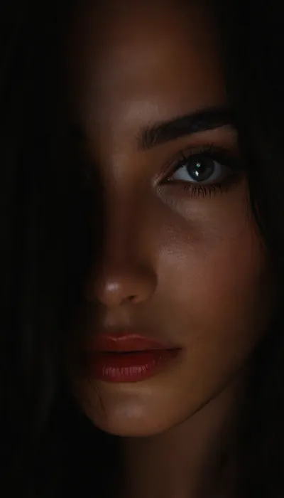 ziprealism, (30yo, sensual noir esthetic, stunning noir woman, offset composition), (f/2.8, shallow depth of field), (closeup shot, lips focus:1.2), (glossy black hair, dark full eyebrows:1.4), (loose hair obscuring face, loose hair hiding eye:1.8), (full lips, soft pillowed lips, moist glossy lips, natural skin texture, flawless pale skin:1.4), igbaddie, (dark scene, chiaroscuro, black background:1.8), <lora:style_lora_realis:.4>, <lora:igbaddie-XL:.4>, <lora:zavy-cntrst-sdxl:1.2>