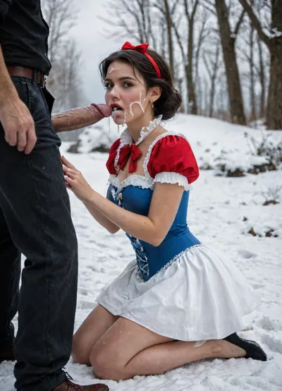 Side view, wide shoot, snow white kneeling before black man, big black cock, cum on face, extreme facial, detailed, dress, snow, white, red, bow, yellow, skirt, tight, blue, corset, fluffy, hair, r4chsn0, Snow, White, <lora:facialized:.5>, <lora:Snow White v1:.5>, <lora:LCMTurboMix_Euler_A_fix:.8>
