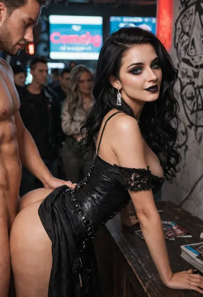 man fucks a gothic woman, she has a petite figure, large breasts, striking black eyeliner, black lipstick, long black hair with white streaks, painted eye makeup, (wearing an ornate dark gothic outfit with intricate details), Vaginal sex, doggy-style position, woman displaying a happy facial expression, woman being fucked while gaming, Indoor setting at a gaming convention, crowded exhibition hall in the background, booths with PCs and gaming setups, vibrant atmosphere with many visitors, neon lights and colorful displays, scattered gaming peripherals and posters, Photorealistic style, side view, high resolution, 8K ultra-detailed, cinematic lighting, vibrant colors, sharp focus, dynamic composition, subtle bokeh effects, realistic skin textures, detailed facial features, immersive and energetic atmosphere