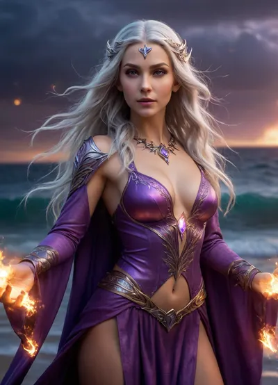 Stunning elven sorceress casting electric fireballs at night by the sea. Her revealing outfit combines shimmering purple fabric with metallic accents, hugging her figure. Long grey hair flows in the ocean breeze, crackling with electricity. Eyes glow with arcane power as she summons vibrant spheres of lightning-infused flames.