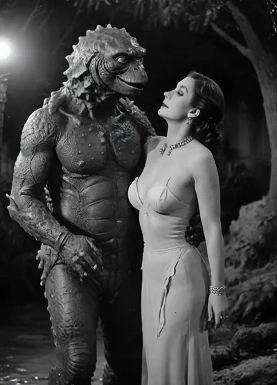 (realistic:1.5), black and white image of a beautiful gorgeous woman with 1930s style makeup and hair, (embraced by the scaled lizard man from “The Creature From The Black Lagoon”:1.4), (“The Creature from the Black Lagoon”:1.9), exposed breasts, slender body, moaning, mouth opened, (large natural breasts), puffy nipples, (at the edge of a lagoon next to a safari camp), side view, fdec, <lora:MJ52:2>, <lora:add-detail-xl:2>, <lora:fdec:.4>