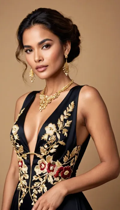 Woman, (ethnicity:1.2), (age:1.1), (body type:1.1), (pose:1.2), wearing a black evening gown, (detailed clothing:1.2), (accessories:1.1), with gold embroidery, (detailed embroidery:1.2), (facial features:1.3), (expression:1.2), standing centered in the frame, facing the camera directly, elegant posture, gown with deep v-neck, cut-out details, (detailed neckline:1.2), (detailed fabric texture:1.2), floral gold embroidery, (composition:1.2), photorealistic style, plain beige background, studio shot, glamourous, (golden highlights:1.1), and dramatic lighting, fashion photography, high detail, 8k resolution, rich black color.