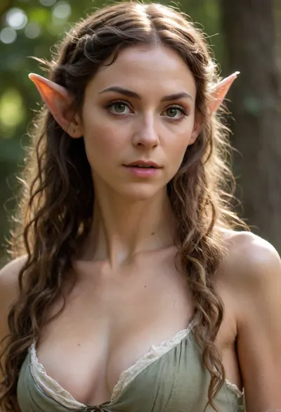photo, photorealistic, skin details, (Dappled Light), (ultra-detailed), (beautiful 40 years old skinny elf maiden), (pointed long elven ears:1.3), (long curly hair, messy hairstyle, curls, 3c hair, light dress in elven fantasy medieval style, exposed breasts, small breasts, pert nipples, dark nipples), beautiful looking, (BlowjobTopofHeadPOVQuiron pose), oral, blowjob, Pov, focus mouth, (close-up:1.4), perfect eyes
