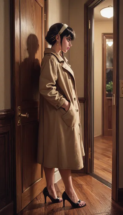 Side view, Yor Briar, night time, building interior, closed wooden door, (Yor knocking on the door), wearing brown rain coat black toeless high heels, looking down, she is worried, Melkor Mancin artstyle, score_9, score_8_up, score_7_up, <lora:outline_xl_kohaku_delta_spv5x:1.9>, <lora:AshMilkshake_Illustrious_v1:1.1>, <lora:NEOTOKIOXL_0.2_RC:.5>, <lora:Ppolar-P3v1-NbVp10:.8>