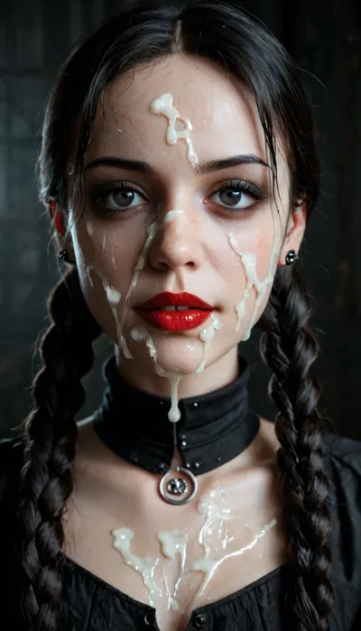 detailed closeup, facing camara, 1 girl solo, spooky moonlit mansion in distance, (intricate detailed Wednesday Addams face), intensely proud expression, (huge dark eyes with detailed black iris:1.2), dark blood red lipstick detailed high collar buttoned black gothic top, very long very thick black braided high pigtails hair, several strings of thick lumpy cum splashed across her face, (after extreme bukkake:1.5), cum on hair, (cum on high pigtails:1.3), high detail, sharp focus, perfect lighting, awesome, dslr, 4k high quality. extra detail, extra sharp, magical, perfect moment, natural skin, pores, (young), ohwx, woman, <lora:ortega_sdxxxl_dh128_v1:.8>