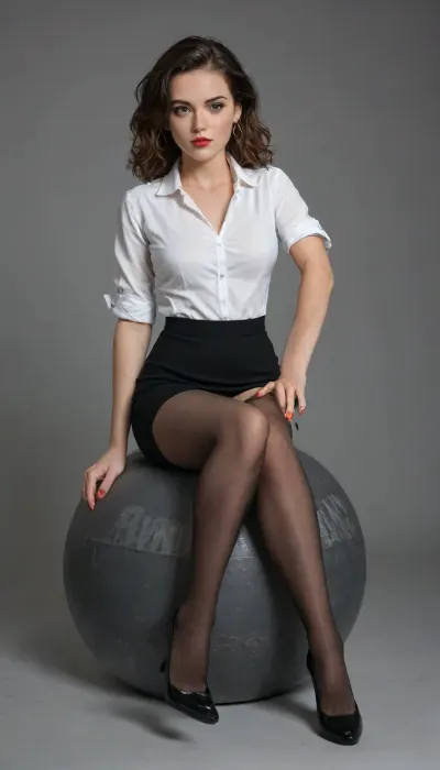 brunette, black eyes, medium breasts, white collared shirt with rolled up sleeves, black skirt, black high heels, red lipstick, red nails, black stockings, pinup pose sitting with legs stretched out, leaning back on hand, blank background, sitting on rocket, riding rocket, sitting on bomb, riding bomb, full body view