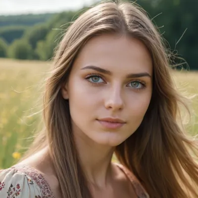 (high quality photographie), (detailed eyes), (detailed skin), (ultra sharp), one only beautiful tall 25yo woman, (woman6), long dark blonde hair, very straight hair, in summerdress on a sunny day on a meadow, no makeup, soft smile, focus on eyes