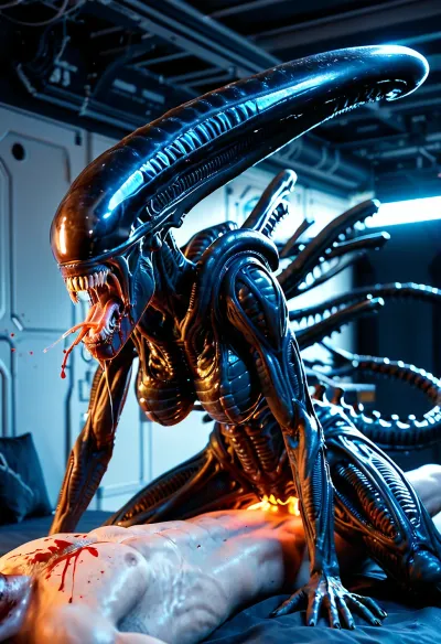Masterpiece, ultra-realism, 1_man_human_Naked body_skinny, 1 woman Xenomorph A 2m90, (woman xenomorph:1.4), narrow waist, blue eyes, glowing eyes, look at viewer, transparent saliva, (xenomorph mouth:1.3), high detailed face, earrings, excited look, (blood), shiny skin, thin, (big breasts:1.3), wide hips, glowing vagina, red glowing altar, alien woman on top man, vaginal sex, piv, cowgirl posing, On all fours, bent over, (man lying on back), blood, (side view), Cinematic light, best quality, mega detailed, mega quality, high detailed, xenoegg, <lora:426321_training_data:.5>