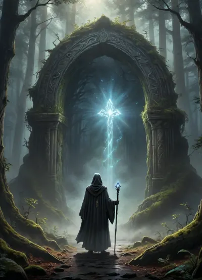 Modern colored pencil sketch, In a dark and mysterious forest, shrouded in fog, there is an ancient portal, sparkling with a mysterious light. Its arch, carved from black stone, is covered with moss and mysterious runes that whisper forgotten spells. There is a slight tremor in the air, and it seems that nature itself is holding its breath. Next to the portal, in the semi-darkness, the Ghost Guide appears, a figure shrouded in translucent light. His silhouette resembles a man, but his facial features are blurry, as if he is made of smoke and shadows. A long cloak fluttering in the wind shimmers with all the colors of the rainbow, as if catching light from other worlds. In his hands he holds an ancient scepter, decorated with a crystal that glows with a soft blue light. The Ghost Guide extends his hand to the lost souls who circle around the portal, full of hope and fear. Their faces reflect longing and anticipation, as if they are waiting to take a step into the unknown. The stars twinkle in the background, and in the sky above the forest, silhouettes of other worlds are visible, mysterious contours that beckon and call. The fog spreads along the ground, and in it you can discern the images of those who have left this world, their eyes full of light sadness. The whole scene is filled with a mystical light and an atmosphere of magic, where the border between worlds becomes thin as a web. This picture is a moment on the edge, when souls meet a guide ready to lead them into a new, unknown world, in the style of john harris, atmospheric cinematic, detailed, intricate render rendered in octane, dim lighting, 8k, volumetric-lighting, colored, contrast, tone, texture, details, stylish, elegant, <lora:outline_xl_kohaku_delta_spv5x:.8>, <lora:xl_more_art-full_v1:.8>, <lora:add-detail-xl:.8>, }.
