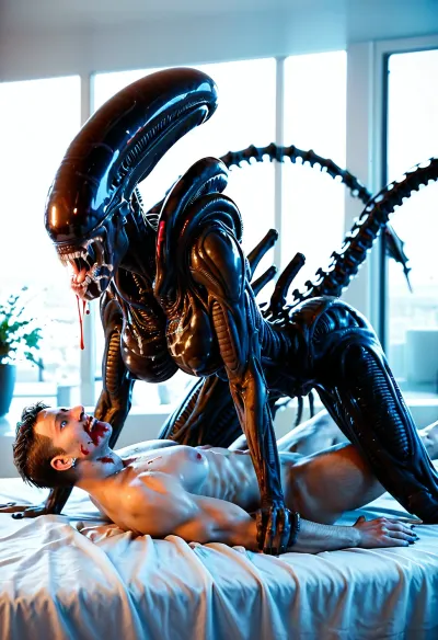 Masterpiece, ultra-realism, 1_man_human_Naked body_skinny, 1 woman Xenomorph A 2m90, (woman xenomorph:1.4), narrow waist, blue eyes, glowing eyes, look at viewer, transparent saliva, (xenomorph mouth:1.3), high detailed face, earrings, excited look, (blood), shiny skin, thin, (big breasts:1.3), wide hips, glowing vagina, red glowing altar, alien woman on top man, vaginal sex, piv, cowgirl posing, On all fours, bent over, (man lying on back), blood, (side view), Cinematic light, best quality, mega detailed, mega quality, high detailed, xenoegg, <lora:426321_training_data:.5>, bukkake, <lora:MS_Real_XL_Bukkake:.8>, woman, cum, on, face, <lora:JustCum:.8>