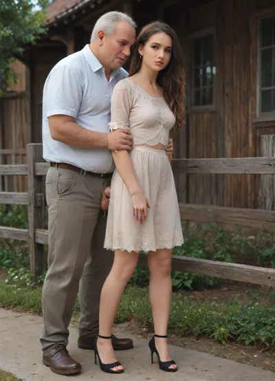 ((Fat old man with natural thick cock, fully clothed)), lifted woman's miniskirt, 30yo petite slender skinny woman with beautiful face gets fucked by village fence, slut outfit, high heels, ((cum)), full length view, perfect hands, perfect fingers, perfect anatomy, realistic skin, detailxl, <lora:SDXL Detail:.5>, <lora:add-detail-xl:.7>, <lora:xl_more_art-full_v1:.5>, 4ng3l, face, <lora:SDXL_BetterFaces-LoRA_v1:.8>