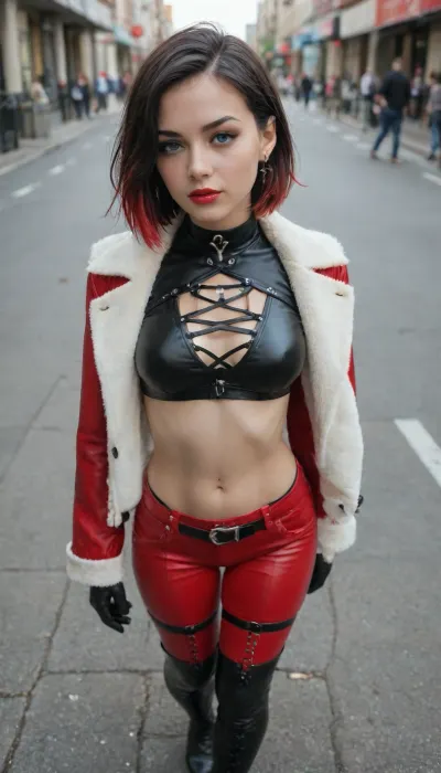masterpiece photograph, best quality analog photo, amazing quality, full shot photo, very aesthetic, absurdres, sensual woman, gothic character, blue eyes, two-tone hair, black hair, red hair, short hair, hair over one eye, bob cut, fur-trimmed coat, red leather coat, black choker, single earring, jewelry, makeup, lipstick, smokey eyeshadow, black latex crop top, cross-laced top, long sleeves, innerboob, clothing cutout, lace, revealing clothes, black gloves, claws, black belt, multiple belts, thigh straps, red latex pants, cross-laced legwear, hip vent, black thigh leather boots. walking in the street of Tokyo. photo taken from above, full character in the frame.