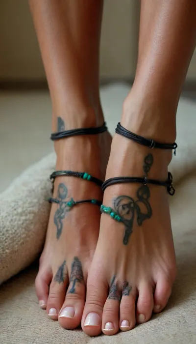 47 years old naked milf, ((foot-focus sexy feet with toe-rings, arches with foot-tattoos, stacked anklets)), european, ((very dark tanned)), exotic, green nail-polish, hairy brasilian pubic hair, tight calves, ((long toes)), glowing skin, intimate interior trier background, but, <lora:BUT_SDXL_SHS:.8>