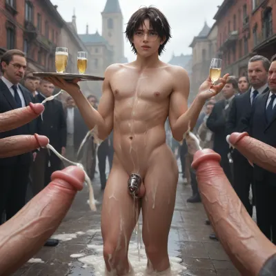 sissy gay men is standing with a tray of champagne glasses in his right hand, and with a tray of champagne glasses in the other hand, while he is watching a fat man fucked by five very fat old man, his penis in metal chastity cage device, lot of cum leaking out from penis chastity cage, he is standing with a tray of champagne glasses in his right hand, crowd in background, male only, black hair, blue eyes, hyper pale white skin, ass facing viewer, ass focus, covered in cum, cum on stomach, cum on face, cum on pecs, cum on thighs, cum everywhere, excessive hyper cumshot, cum spraying everywhere, cum on chest, cum on clothes, cum on abs, cum on head and hair, massive cum, hyper cum, hyper cum everywhere, excessive cum, sissy gay is standing with a tray of champagne glasses in his right hand, five men with huge monster penises erected at him. lot of cum, cum leaking, lot of cum, his cock is looked in metal chastity device.