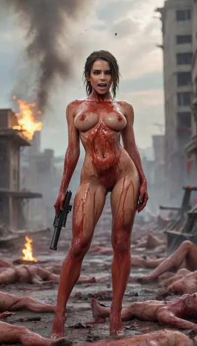 8k, dslr, highest quality, ultra detailed, masterpiece, ((PORN IMAGERY)), ((SEXY)), ((SHE IS GRINNING)), ((SHOOTING HER GUN IN THE AIR)), a helicopter exploding in the sky behind her, sexy comic graphic of a urban battlefield filled with dead bodies and carnage, a sexy athletic but voluptuous tall assassin is standing seductively with one leg confidently perched on top of a pile of dead soldier bodies and firing, a, vkrsmmg, machine, gun, weapon, muzzle flash, blood stained knife in her other hand, ((she is standing on a mound of hundreds of gory dead bodies)), dead bullet-ridden bloody bodies all over the ground, small sexy and evil smile, aiming, Explosion, Artstyle, Blood_Covered, woman, small, breasts, medium, large, spreading, legs, creampie, pussy, nude, body, closeup, <lora:Vickers_Medium_Machine_Gun_SDXL:2>, <lora:Explosion Artstyle - Trigger is Explosion Artstyle:1.8>, <lora:ThePitXL:1.9>, <lora:Blood_Covered-step00001743:1.8>, <lora:nsfw-xl-2.0:1.8>