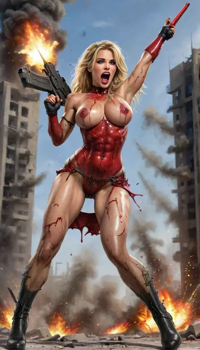 8k, highest detail, photorealistic, sexy naughty aroused laughing slutty hot girl, bright red lipstick, long blond messy hair, army outfit, upskirt, busty, tall with gorgeous shapely legs, topless, no pants, black fishnet stockings, boots, she is standing on 100 bloody body parts, she holds a huge black bazooka and is firing the bazooka at the sky, a helicopter is exploding in the sky, buildings exploding in the background, uberfit, muscular, athletic, boltgun, Explosion, Artstyle, Blood_Covered, <lora:ThePitXL:2>, <lora:uberfit_lora_sdxl:1.9>, <lora:boltgunXLLoRAv1:2>, <lora:Explosion Artstyle - Trigger is Explosion Artstyle:2>, <lora:Blood_Covered-step00001743:2>