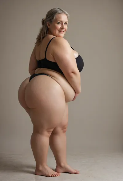 View from behind, Dynamic angle, big ass, photorealistic, best quality, (realistic), (obese milf:1), 50 years old, (caucasian milf), ((curvy)), narrow waist, hourglass figure, Long hair, Dark blonde hair with highlights, (wearing black tight satin high-waist full coverage wide granny panties:1.2), ((plump round obese belly:1.3)), (big lovehandles:1.4), (chubby thighs), ((huge muffin top belly)), (belly hanging over top of panties), (double chin), plump round fat face, very plump pubis, (plump fupa:1.3), full body shot, 1960s, strong eyebrows, realistic high quality photography, beautiful, skin pores, eyelashes, textured skin, highly realistic skin, ambient occlusion, model shoot, (plump body), but, sagging, stretch, marks, wrinkles, short, smiling, mouth open, beautiful eyes, Curvy, body, <lora:MJ52:.5>, <lora:Older_woman-000008:.5>, <lora:Older_woman_v4-000002:.5>, <lora:b8174d41-8ba7-4318-bc14-53ee7e353d91.TA_trained:.5>