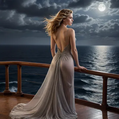 The painting captures a young woman standing on the deck of a ship at night, the ocean around her shimmering under silver moonlight. She wears a gown of black silk so thin it’s almost translucent, clinging to her body as the sea breeze teases the fabric against her curves. The neckline plunges daringly low, exposing the line of her chest, while the back of the dress is entirely open, revealing her spine like a graceful column of light.

Her hair is wild, windswept, strands falling across her lips as she tilts her head slightly, half-smiling with an air of quiet defiance. In her hand, she holds a goblet of wine, the dark liquid catching the moon’s glow. Behind her, storm clouds gather, flashes of lightning briefly illuminating her silhouette through the gauzy dress, so that the viewer sees her both clothed and nearly unveiled at once.

The whole scene feels like a forbidden voyage — a mix of danger, seduction, and mystery carrie