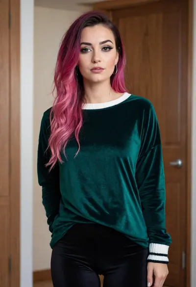 (masterpiece, best quality:1.2), 1 czech 30yo woman, famous influencer Diviska, (she wears a dark green baggy velvet round neck shirt with black and white knitted neckline and cuffs and black spandex leggings:1.4), indoors at home, (long wavy black and pink hair:1.2), (wet hair:1.4), impure skin on the face, without make-up, bright blue eyes, big natural boobs, big black tunnel earrings, tattoos, she is standing at home during a live session, photorealism, <lora:681678_training_data:.5>, <lora:435733_training_data:.7>