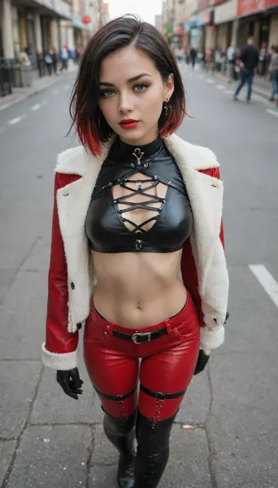 masterpiece photograph, best quality analog photo, amazing quality, full shot photo, very aesthetic, absurdres, sensual woman, gothic character, blue eyes, two-tone hair, black hair, red hair, short hair, hair over one eye, bob cut, fur-trimmed coat, red leather coat, black choker, single earring, jewelry, makeup, lipstick, smokey eyeshadow, black latex crop top, cross-laced top, long sleeves, innerboob, clothing cutout, lace, revealing clothes, black gloves, claws, black belt, multiple belts, thigh straps, red latex pants, cross-laced legwear, hip vent, black thigh leather boots. walking in the street of Tokyo. photo taken from above, full character in the frame.