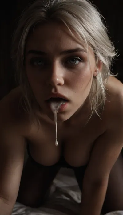 Ciri on top of a strong man, holding his dick in one hand, (((bottom view))), solo, UHD 8K, beautiful firm medium tits, perky nipples visible, white hair, extreme realism, maximum detail, slim figure, detailed skin, real lighting, topless, 1D, seamless, pantyhose, 20D, open mouth, ((a massive load of cum dripping from mouth down)), some cum on body, photorealistic, cinematic masterpiece, dark background, mouth full with cum, (sitting on bed), ((cleavage, close-up, bending over)), ((close up on face)), (((cei))), <lora:580159_training_data:.5>, <lora:dark:.5>, <lora:arlecchino_new:.5>, <lora:seamless pantyhose-000003:.5>, <lora:futureistic_fantasy_anime_sdxl_v1:.8>