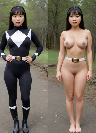two pics dress undress of beautiful sexy japanesse 21yo black power ranger in tight cloths, full body wiew, black short, big natural boobs, cameltoe, onoff, <lora:OnoffXL_ExtraCrispy:.8>, <lora:Yellow_Power_Ranger:.8>, bustysophie, <lora:bustysophie_xl_v1.1:.8>