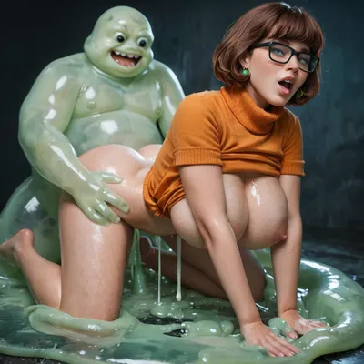 Velma from scooby-doo, giant breasts, big ass, getting anal fucked by giant huge slime cum monster, doggystyle anal penetration, horny look, moaning aroused, shiny wet skin, horny face, pleasurable orgasm, full body view