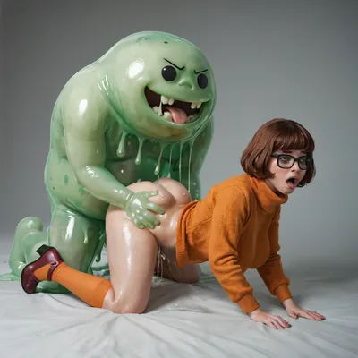 Velma from scooby-doo, giant breasts, big ass, getting anal fucked by giant huge slime cum monster, doggystyle anal penetration, horny look, moaning aroused, shiny wet skin, horny face, pleasurable orgasm, full body view