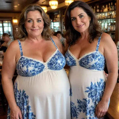 Raw picture, iPhone 15 pro photo, warm light, two mature obese spanish women, beautiful blue eyes, milf, 55 years old, looking at the camera, smiling, large boobs, black hair, brown hair with highlights, posing in a busy bar, flashphoto, dark tanlines, showing her boobs, dark light, skin detailed with skin imperfections, long white colored with blue floral print sun dress