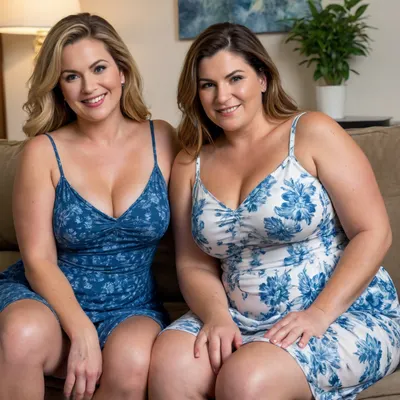 Lubica stepaunt, Raw picture, iPhone 15 pro photo, warm light, two mature obese ssbbw women, milf, 55 years old, looking at the camera, smiling, large boobs, light brunette hair with highlights, sitting on a couch in a living room, flashphoto, dark tanlines, touching her boobs with her hands, dark light, skin detailed with skin imperfections, (the woman on the left is wearing a long white colored with blue floral print sun dress), (the woman on the right side is wearing a sleeveless spaghetti strap dress)