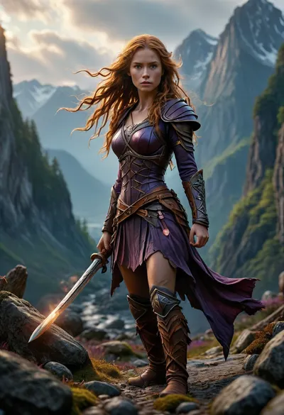 full body cinematic photo, dynamic pose, action photo, offset view, Young woman warrior, strength, determination, glowing sword with inscription, stone runes, wooden runes, talisman, glowing runes, oracle, Scandinavian Mountains, mw01out, FlshfrGR, ral-mytfrst, <lora:Medieval_Worlds_outsidexl:1.5>, <lora:521666_training_data:1.8>, <lora:ral-mytfrst-sdxl:1.2>, <lora:MJ52:1.1>, <lora:Wizards__Mages:1.5>, (long wavy ginger hair), (dark purple armor)