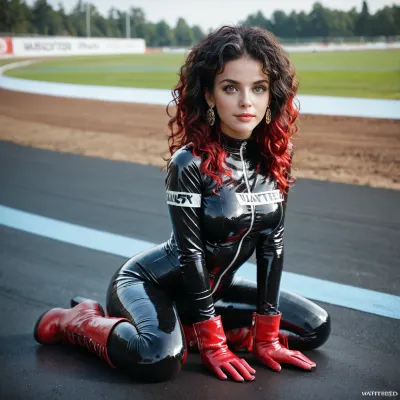 A woman at a racetrack wearing a checkered latex bodysuit with red boots.