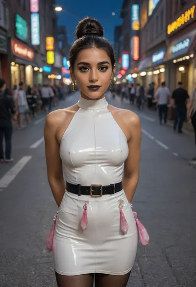 Indian Bengali woman, 18 years old young Beautiful sexy bengali sexy married wife, prominent sexy face, mediam breasts, (smile:.7), (clothing, (mini short transparent white latex dress, pantyhose, pantimedias, in night city, hair up, face view), hands in she back, wearing belt of used condoms, rip pantimedias, (rip:.5), (cum shot on pussy:.7), (bukake cum on pantimedias:1), talking with a male man, crowded street, perfect realistic condom in hand), high makeup, dark black lipstick, bindi, junk jewellery