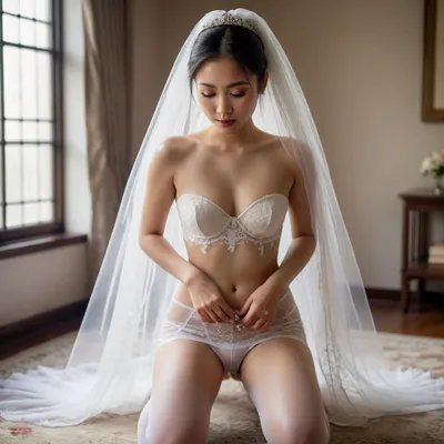 asian bride white dress with veil, topless, no bra, white garter belt, stockings, on her knees