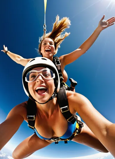 (naked woman skydiving in tandem with a naked instructor), (view from below, against a clear blue sky), (bright sunlight), (dynamic pose, falling in the air), (woman looking up, happy expression), (instructor with helmet and goggles), (woman topless, wearing safety harness), white parachute, (partially visible), (extreme sports photo), (high contrast, bright colors), professional photo, motion blur on edges, sharp focus on objects