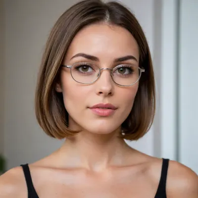 A 36 woman with a fair, slightly warm skin tone and an oval-shaped face with a soft jawline. She has straight, medium-brown hair cut into a shoulder-length bob with a side part, framing her face naturally. Her forehead is moderately high, with natural medium-thick brown eyebrows that have a gentle curve. She has medium-sized almond-shaped eyes with light brown to hazel irises, framed by thin, rectangular metal glasses. Her nose is straight with a subtle rounded tip, and she wears a small silver nose stud on the left side. Her lips are medium fullness with a neutral, relaxed expression. Skin should have a natural texture, not overly smoothed.

Her figure is medium to curvy build, with a fuller bust, proportionate waist and hips, and moderately broad shoulders. Arms are of average length and build. Lighting should be soft and even, with realistic photographic detail, natural shadows, and no overly stylized effects. Background can be neutral or softly blurred to focus on her.

Wearing stockings, black negliee