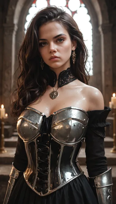 Brunette beauty with very long black hair, long-sleeved blouse, leather corset, metal armor on chest, shoulders and arms, serious look, dark palace