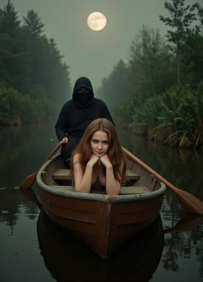 masterpiece, detailed, high resolution, 8K, extremely detailed, (photorealistic:1.2), an expressive young woman with long wavy auburn hair, (lying down, melancholic expression, chin resting on hands:1.1), in the bow of a wooden rowboat, (mysterious hooded figure, Grim Reaper-like, obscured face:1.2), rowing from the stern, (dark swamp, murky water, overgrown reeds and vegetation:1.1), (eerie fog, subtle mist:1.1), dim moonlight, dramatic lighting, low key lighting, soft glow on the woman, dark shadows, (muted desaturated color palette:1.1), greens and greys, fantastical, illustration, cinematic, atmospheric, (detailed textures:1.1), depth of field, art by Greg Rutkowski and Zdzislaw Beksinski