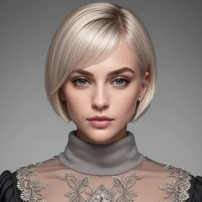 A highly detailed, medium close-up, chest-level portrait shows a young adult female with fair skin and short, platinum blonde hair, styled in a bob cut that frames her face. Her eyes are a light, cool grey, with subtle, dark eyeliner defining her upper lash line, and her eyebrows are light. Her lips are a muted, natural pink, and her nose is small and slender. She has a serious, direct gaze, looking straight at the viewer, with a slight tilt to her head.


She is wearing a high-necked, black turtleneck sweater or top. The fabric appears to have a finely woven texture. On her right shoulder, there are what appear to be subtle, dark patches or emblems sewn onto the fabric, possibly indicating a uniform or specialized attire.