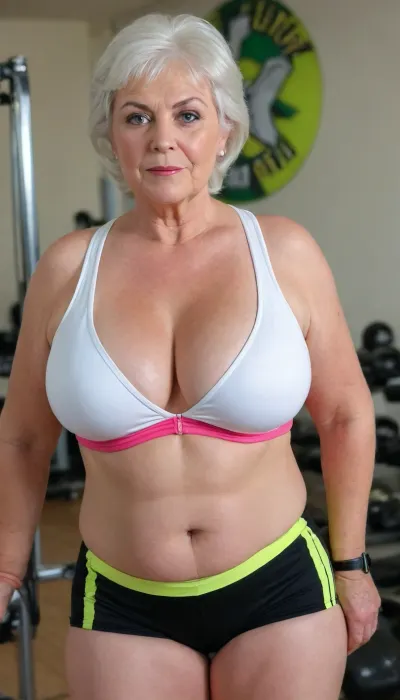 (aerial view:1.4), beautiful gorgeous stunning sexy 50yo russian elite prostitute, (standing in the gym:1.2), fine facial features, fine smooth skin, long flowing highlighted white hair, pretty face, (gilf:1.5), (granny:1.5), (nice huge round 56G breasts:1.2), (wearing a sports bra and tight shorts:1.9), seductive green eyes, fit and toned body