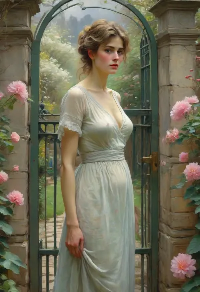Theodore Robinson Style, In this Impressionist painting by Frederick Hassam, in spring of an ancient garden with closed gate, closeup of a naked mature milf woman, looking sad with beautiful features, in this impressionistic painting by Frederick Hassam, high-definition, Midjourney, MJ, style, poster, manga, anime, but, <lora:Theodore Robinson Style:1.4>, <lora:Midjourney_style:1>, <lora:BUT_SDXL_SHS:1.3>