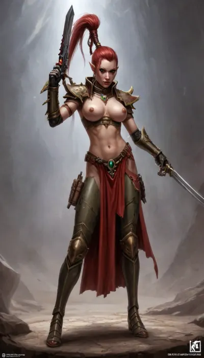 Lelith Hesperax, Warhammer 40k, Presently Lelith Hesperax is best known for her abilities in the Dark Eldar coliseums and is considered the undisputed master of the gladiatorial arenas, Instances have been recorded of her fighting up to ten opponents simultaneously without receiving a scratch. Her preferred combat dress is to expose as much bare skin as she can and to wear her floor-length hair loose in order to taunt her opponents into attacking, a fact that draws significant attention from spectators, visible pussy, no panties, <lora:Aeldari:.8>, <lora:Drukhari-000006:.8>