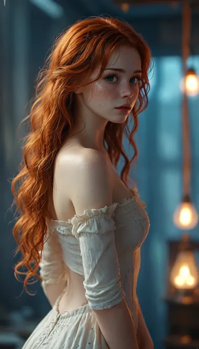 realistic, perfect body, perfect eyes, detailed eyes, detailed hairstyle, best quality, masterpiece, ultra high detail, extremely detailed, dynamic perspective, bright colors, atmospheric, (detailed smooth skin), full body view, cute girl, redhead, long hair, wavy hair, slim figure, firm tits, sexy ass., (((A creature whose cries with eerie emptiness))), novuschroma08, style, detailxl, <lora:novuschroma08 style:.8>, <lora:654321_training_data:.8>, <lora:add-detail-xl:.8>, <lora:MJ52:.8>, <lora:CinematicStyle_v1:.8>