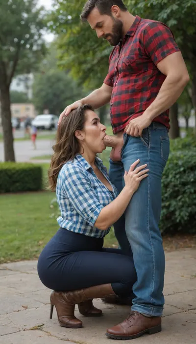 (40yo man with a haircut, neat beard and mustache, handsome man in full growth, checkered shirt, trousers, boots), (25yo woman gives blowjob, big veiny penis of man and jerks it off), (milf with round face, very pretty, long-haired brunette, in blue blouse with neckline, tight dark skirt, lace dark stockings, in open sandals with stiletto heels), man grabs tits of mature milf, whole body, park, several men, many people around. One man, one woman