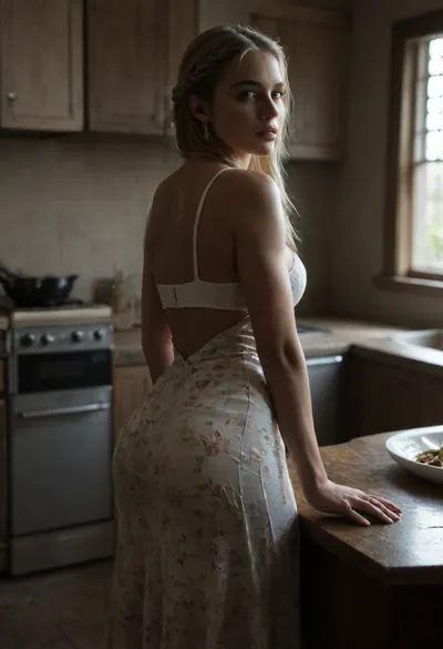 Kitchen, 40 yo insanely hot housewife, bending over kitchen table, hands tied behind back, long blonde straight hair, massive firm breasts, perfect round ass, curvy, floral summer dress, perfect face, incredibly beautiful, so smarxy and sexy, full pouted lips, ready to get fucked, (((ultrarealistic, insanely detailed))), ((white bra underneath dress)), tanned skin, braided hair, <lora:dark:.8>, large, breasts, big, boobs, huge, tits, <lora:bombshell_v2:.8>, bmbplora, <lora:bimboxl_02:.8>