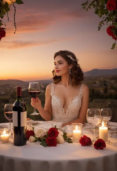# Weekly Event 66, "A Romantic Evening with a Glass of Wine" 👩🏻‍🦱 🍷 *Get into the spirit of romance with our new challenge dedicated to the "Romantic Evening with a Glass of Wine". The main character of this evening is a beautiful girl, surrounded by the soft glow of candles and a cozy atmosphere. Imagine an elegant table with a snow-white tablecloth, decorated with luxurious flowers, a shimmering glass of red wine sparkling in the rays of the sunset. She radiates elegance and tenderness, long curls frame her face, and an enigmatic smile promises unforgettable moments. Use this inspiration to create stunning works of art that convey the essence of romance and the magic of the evening